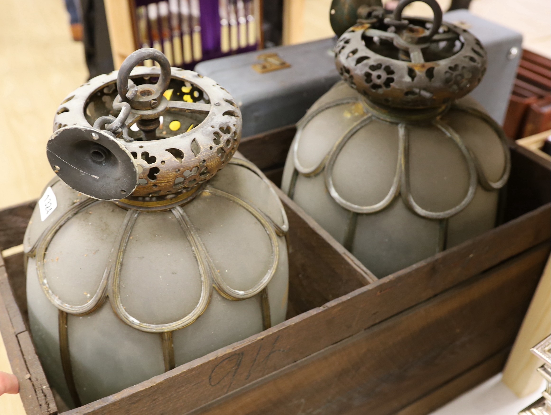 A pair of early 20th century ormolu and frosted glass lanterns, approximately 53cms high
